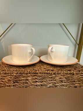 VTG Queen's Fine Bone China Orange Rim Tea Cups & Saucers Set of 2